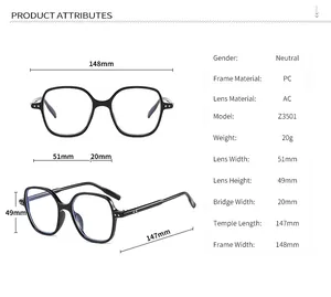 Detailed size chart for vintage square blue light blocking glasses with frame dimensions