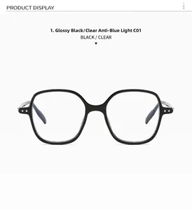Detail of classic black anti-blue light glasses frame with silver rivet decorations