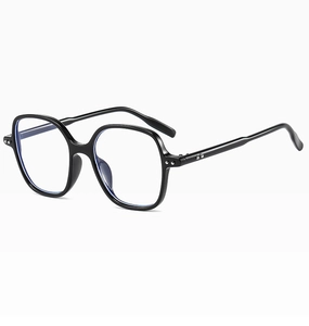 Detail of black polygonal frame with silver double rivets and blue light blocking lenses