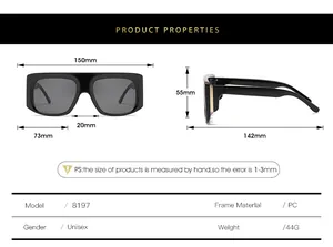 Size chart for oversized square sunglasses showing frame width 150mm and PC material info