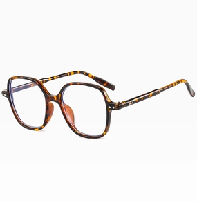 Detail view of retro tortoiseshell square glasses frame with blue light blocking lenses