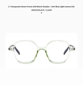 Detailed macro view of the anti-blue light glasses with green frames and black temples