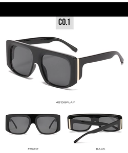 Detailed three-view shots of large square black sunglasses with gold metal accents
