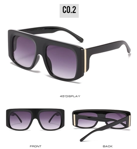 Three perspectives of oversized square sunglasses with black frames and purple gradient lenses