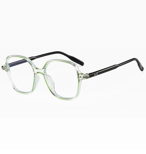 Detail view of retro blue light glasses with transparent green frames and black temples