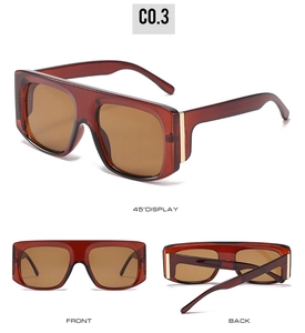 Multi-angle view of oversized square sunglasses with dark brown frames and gold metal accents
