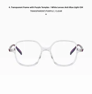 Close-up of transparent frame with purple temples and blue light blocking lenses