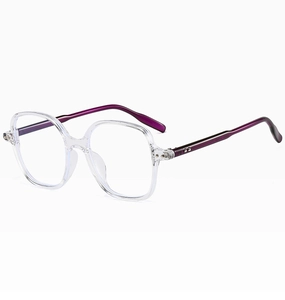 Detail of transparent square frame glasses with purple temples and blue light lenses