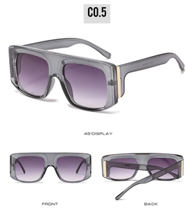 Three-view display of oversized flat top sunglasses with grey frames and purple gradient lenses