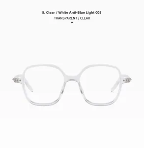 Detail view of transparent C05 blue light blocking glasses with glossy resin frames