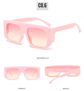 Three views of pink oversized square sunglasses with gradient lenses and gold accents