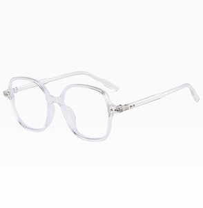 Detail view of transparent retro square frames with blue light blocking lenses