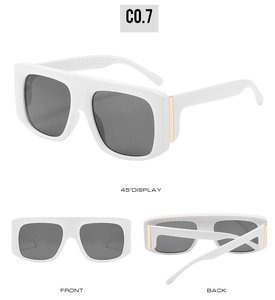Three-angle view of oversized white frame sunglasses with square gray lenses and gold detail