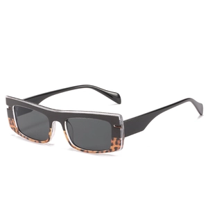 Chic black and leopard print rectangle sunglasses with dark gray lenses in 45-degree view