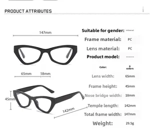 Detailed size chart for retro cat eye glasses frames with specific measurements
