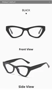 Detailed views of black cat-eye eyeglass frames showing front and 45-degree side angles