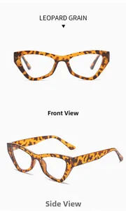 Front and side views of leopard grain cat eye glasses frames with blue light blocking lens