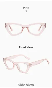 Detailed front and side views of translucent pink cat-eye blue light blocking glasses frames