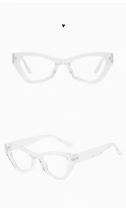Front and side views of clear cat-eye glasses frames with modern blue light blocking lens