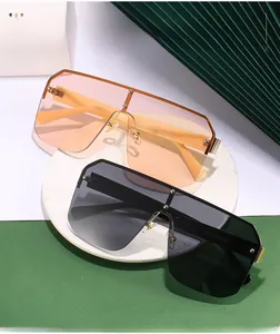 Detailed macro view of oversized sunglasses featuring golden rivets and gradient lenses