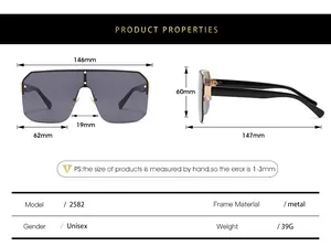 Detailed sizing chart for oversized rivet sunglasses showing lens and frame dimensions
