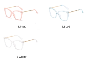 Three pairs of cat eye glasses in pink, blue and clear white with gold metal temples