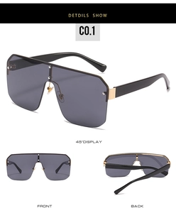 Detailed views of oversized square shield sunglasses with rivets from front and side angles