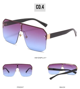 Three-angle view of oversized square shield sunglasses with purple-blue gradient lenses