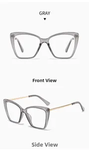 Front and side views of vintage cat eye glasses with gray frames and gold metal temples
