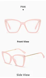Front and side views of pink cat-eye glasses frames with slim gold metal temples