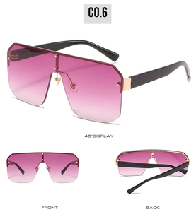 Three views of oversized wrap sunglasses with gradient pink lenses and rivet details