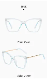 Blue cat eye optical frame with transparent front and slim metal temples side view