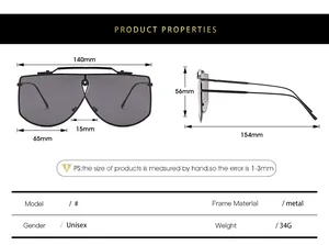 Specifiche dettagliate sulle dimensioni per occhiali da sole shield con montatura in metallo