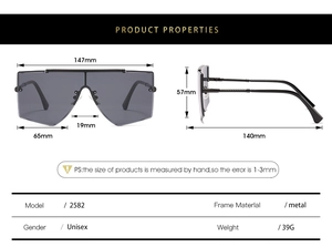 Schéma technique des lunettes de soleil masque sans monture avec dimensions et matériaux