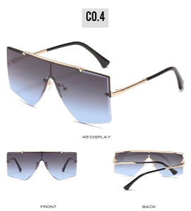 Détails de lunettes de soleil sans monture avec verres dégradés bleu-violet et texture dorée