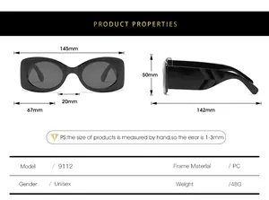Size chart showing 145mm width and 142mm temple length for oval frame PC sunglasses