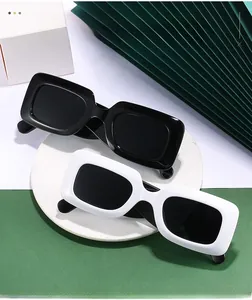Lunettes de soleil carrées rétro à monture épaisse en noir et blanc sur socle en pierre