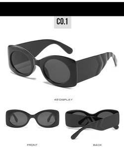 Three-way view of oval sunglasses featuring thick black frames and wavy temple design