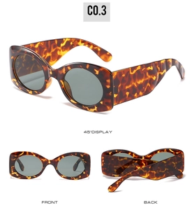 Three-angle view of oval tortoiseshell sunglasses with dark gray lenses and wide legs