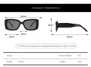Specifiche dettagliate sulle dimensioni per occhiali da sole rettangolari in PC