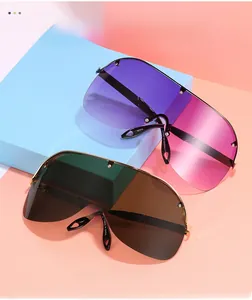 Close-up of oversize shield sunglasses showing metal trim and gradient lens details