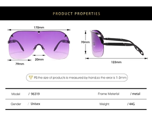 Detailed dimension chart for purple gradient oversized wrap-around cycling sunglasses