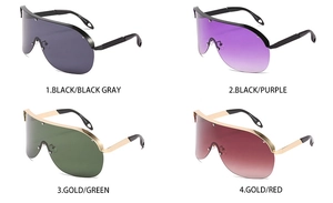 Oversized wrap-around sunglasses available in black, purple, green, and red color options
