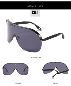 Three-way view of black shield sunglasses with purple lenses and high-quality UV protection