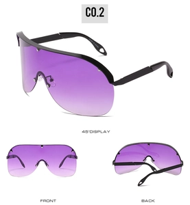 Three-view detail of purple gradient oversize sunglasses showing front, back and 45-degree angle