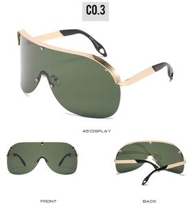 Three-angle views of gold frame shield sunglasses with dark green lenses and black tips