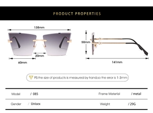 Spécifications de lunettes de soleil œil-de-chat sans monture et verres dégradés
