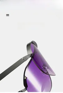 Detail of purple gradient resin lens and black matte flexible metal frame on sunglasses