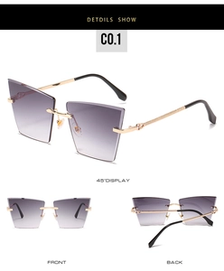 Vues détaillées de lunettes de soleil carrées sans monture avec verres dégradés et branches dorées