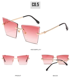Vue détaillée des lunettes de soleil géométriques sans monture avec dégradé rose et or
